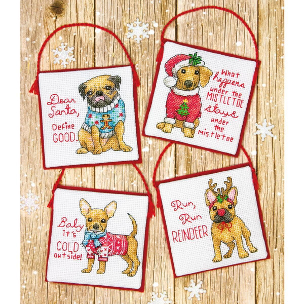 Dimensions counted cross stitch kit "Decoration Christmas Pups, Set of 4 pcs", a 9,5x9,5cm, DIY