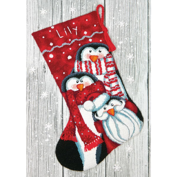 Dimensions set di arazzi "Pinguini calza di Natale in vacanza", immagine ricamata stampata, 40,6x30 cm