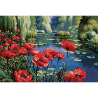 Dimensions wandtapijt "Poppy by the Lake", bedrukte borduurafbeelding, 40,6x27,9cm