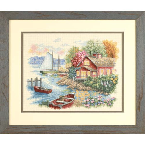 Dimensions counted cross stitch kit "Peaceful Lake House", 35,5x27,9cm, DIY