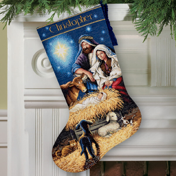 Dimensions Kruissteek Set "Gold Collection Christmas Stocking Holy Night", telpatroon, 40,6x30cm