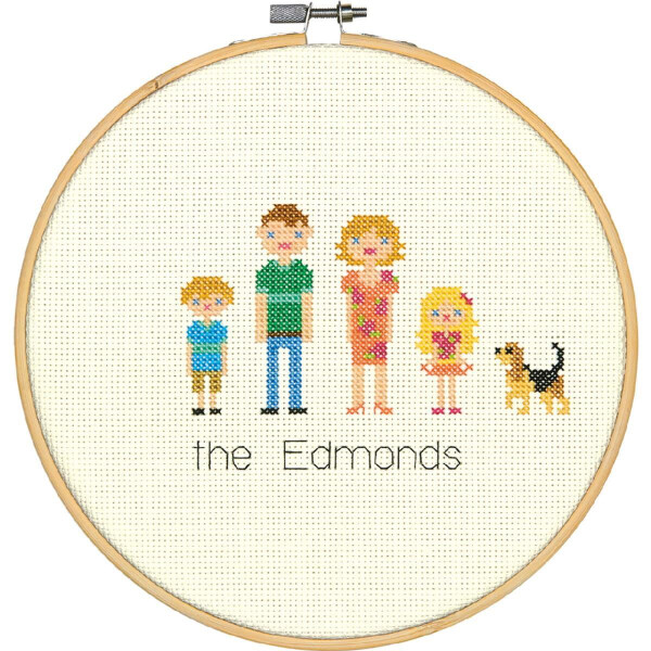 Dimensions counted cross stitch kit with embroidery ring "All In The Family, Stitch your famaly", Diam 20,3cm, DIY