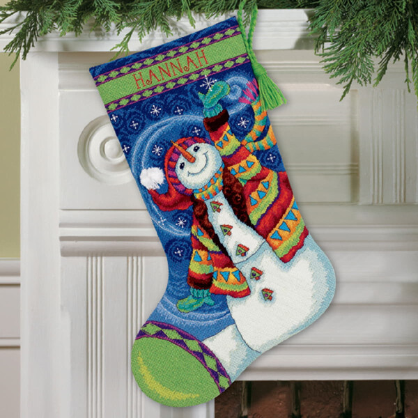 Dimensions Arazzo Set "Calza di Natale Felice Pupazzo di Neve", immagine ricamata stampata, 40,6x30cm