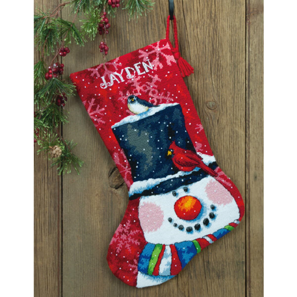 Dimensions juego de tapiz "Calcetín navideño muñeco de nieve y amigos", imagen bordada impresa, 40,6x30cm