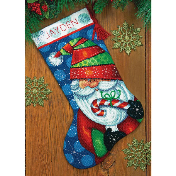 Dimensions de punto de tapicería "Calcetín de Navidad Dulce Papá Noel", imagen de bordado impresa, 40,6x30cm