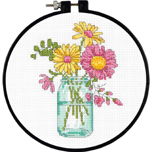 Dimensions counted cross stitch kit with embroidery ring "Summer Flowers", Diam 15,2cm, DIY