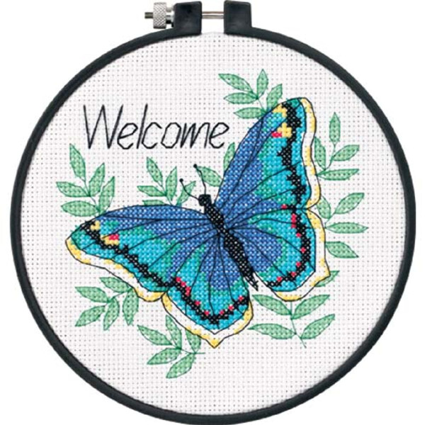 Dimensions counted cross stitch kit with embroidery ring "Welcome Butterfly", Diam 15,2cm, DIY