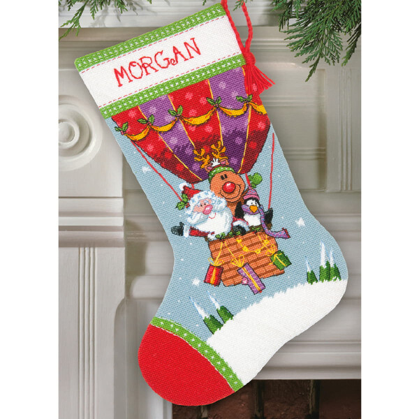 Dimensions stamped Needlepoint stitch kit "Stocking Santas Balloon Ride", 40,6x30cm, DIY