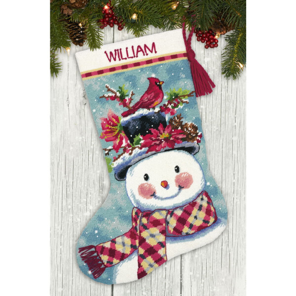 Dimensions Set de tapisserie "Christmas Stocking Happy Snowman", image de broderie imprimée, 40.6x30cm