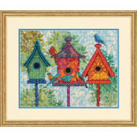 Dimensions de punto de tapicería "Cojín bordado Casita de pájaros de colores", imagen de bordado impresa, 35,5x27,9 cm