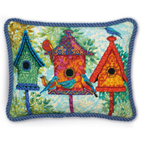 Dimensions de punto de tapicería "Cojín bordado Casita de pájaros de colores", imagen de bordado impresa, 35,5x27,9 cm