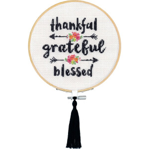 Dimensions counted cross stitch kit with embroidery ring "Thankful Blessed", Diam 15,2cm, DIY