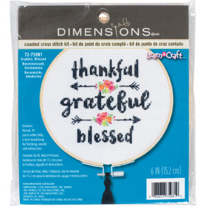 Dimensions kit point de croix compté avec cerceau "Grateful, Blessed", diam 15,2cm