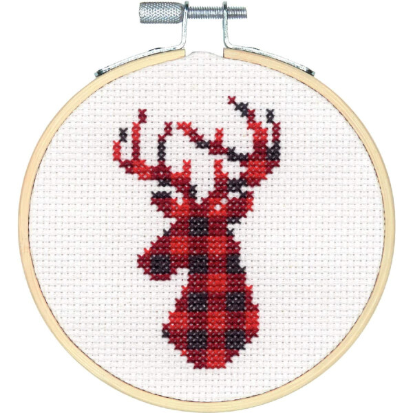 Dimensions counted cross stitch kit with embroidery ring "Plaid Deer", Diam 10cm, DIY