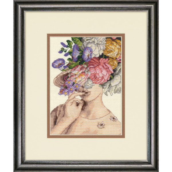 Dimensions Set per punto croce "Collezione Oro Petites Donna con cappello a fiori", schema a contare, 12,7x17,7cm