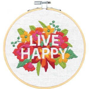 Dimensions stamped satin stitch kit with embroidery ring "Live Happy Hoop", Diam 15,2cm, DIY