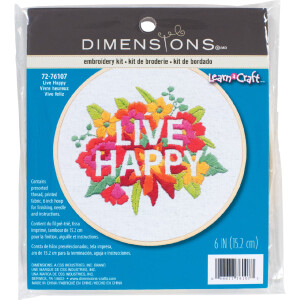 Dimensions juego de punto de satén con bastidor de bordado "Live Happy", imagen de bordado impresa, diámetro 15,2 cm