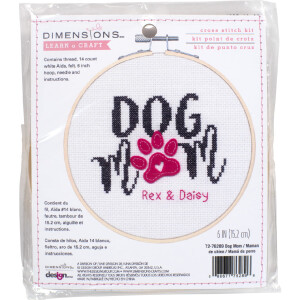 Dimensions counted cross stitch kit with embroidery ring "Dog Mom", Diam 15,2cm, DIY
