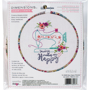 Dimensions stamped satin stitch kit with embroidery ring "Sew Happy", Diam 15,2cm, DIY