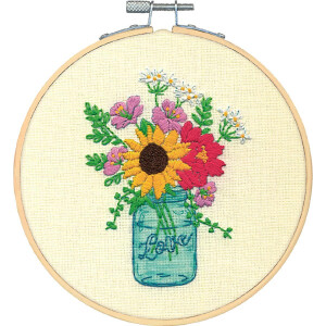 Dimensions stamped satin stitch kit with embroidery ring "Floral Jar", Diam 15,2cm, DIY