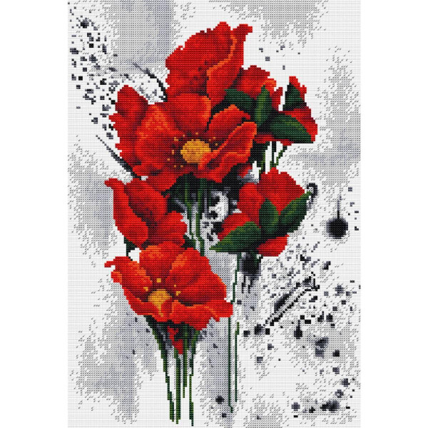 Ein abstraktes digitales Bild zeigt leuchtend rote Mohnblumen mit grünen Stielen und schwarzer Mitte. Der Hintergrund, der an ein Stickpackungsdesign von Luca-s erinnert, besteht aus Spritzern schwarzer und grauer Farbe auf Weiß, wodurch ein starker Kontrast entsteht, der die hellen Blumen hervorhebt und dem Kunstwerk ein energetisches und dynamisches Gefühl verleiht.
