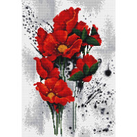 Ein abstraktes digitales Bild zeigt leuchtend rote Mohnblumen mit grünen Stielen und schwarzer Mitte. Der Hintergrund, der an ein Stickpackungsdesign von Luca-s erinnert, besteht aus Spritzern schwarzer und grauer Farbe auf Weiß, wodurch ein starker Kontrast entsteht, der die hellen Blumen hervorhebt und dem Kunstwerk ein energetisches und dynamisches Gefühl verleiht.