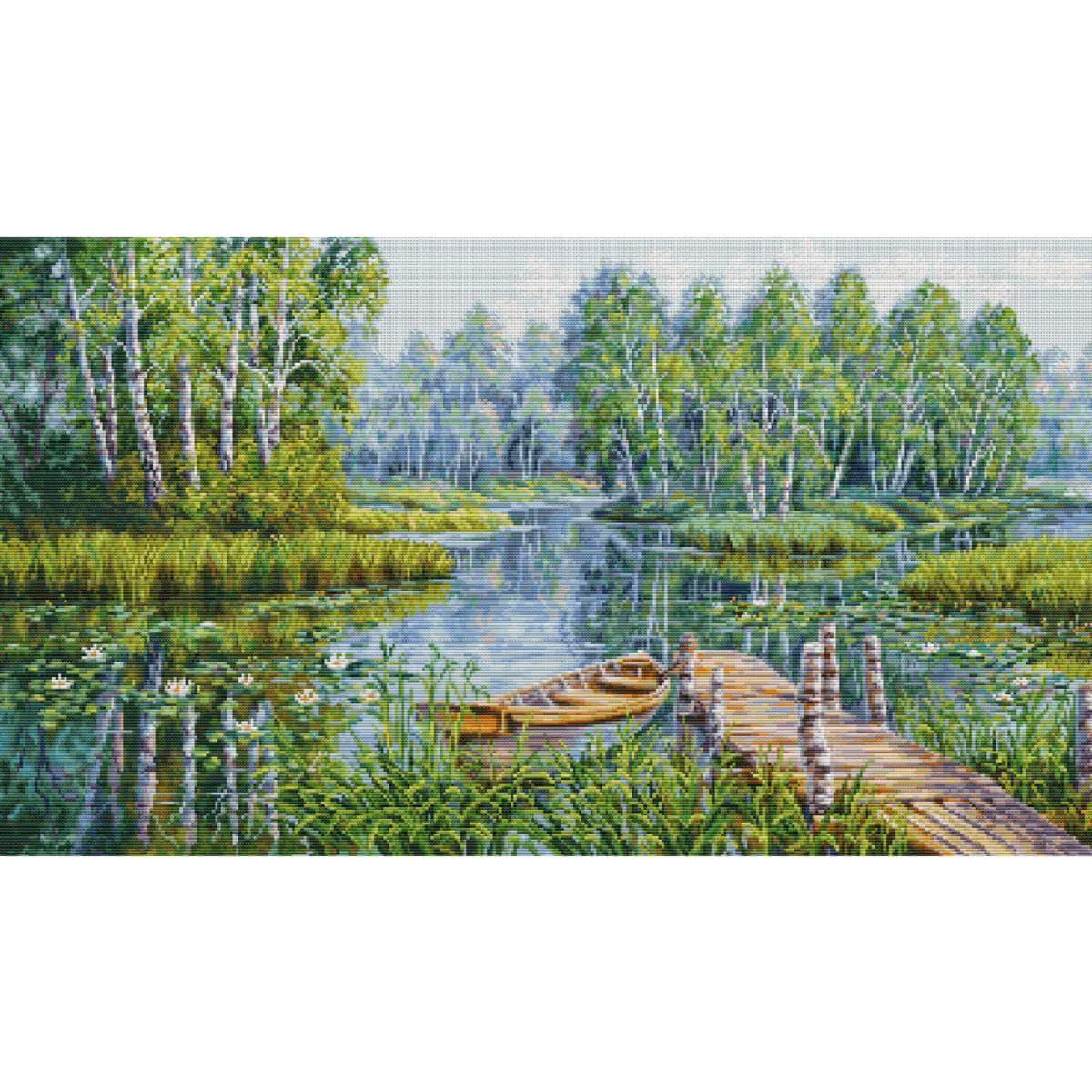 A tranquil landscape shows a wooden jetty jutting out...