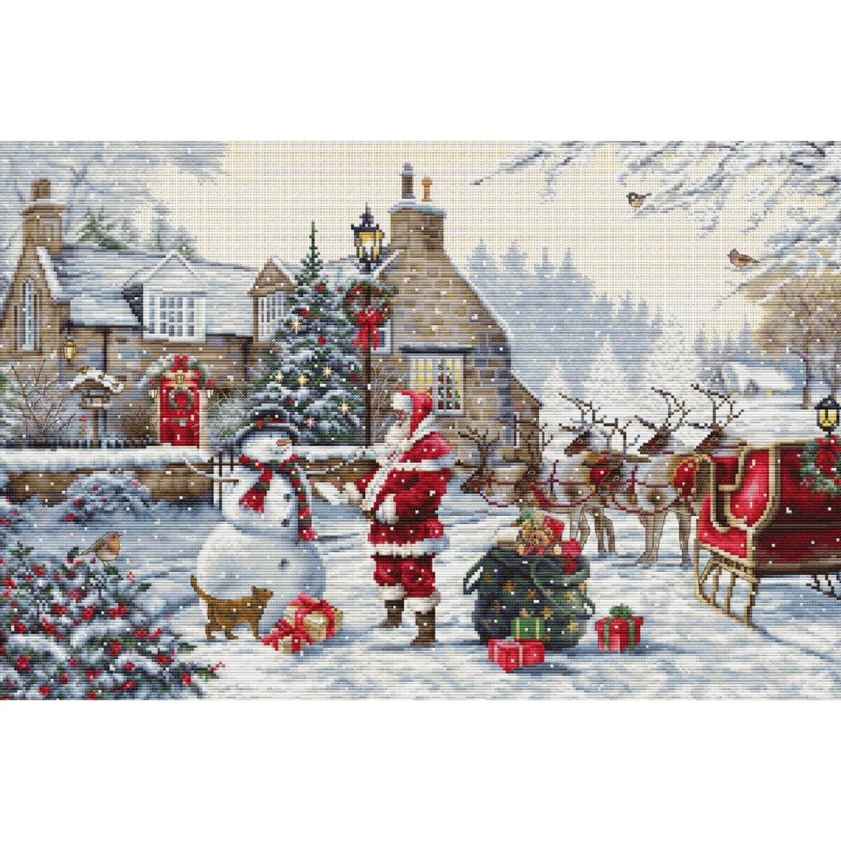 A festive winter scene with Santa Claus, a snowman with a...