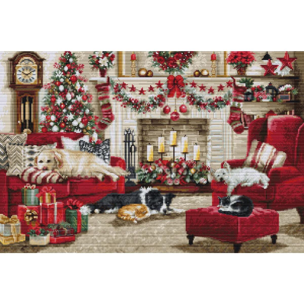 A cozy living room, decorated for Christmas with a...
