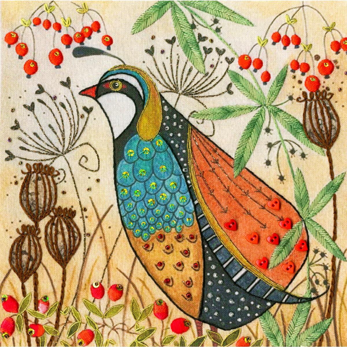 An illustrated bird with vibrant, patterned plumage...