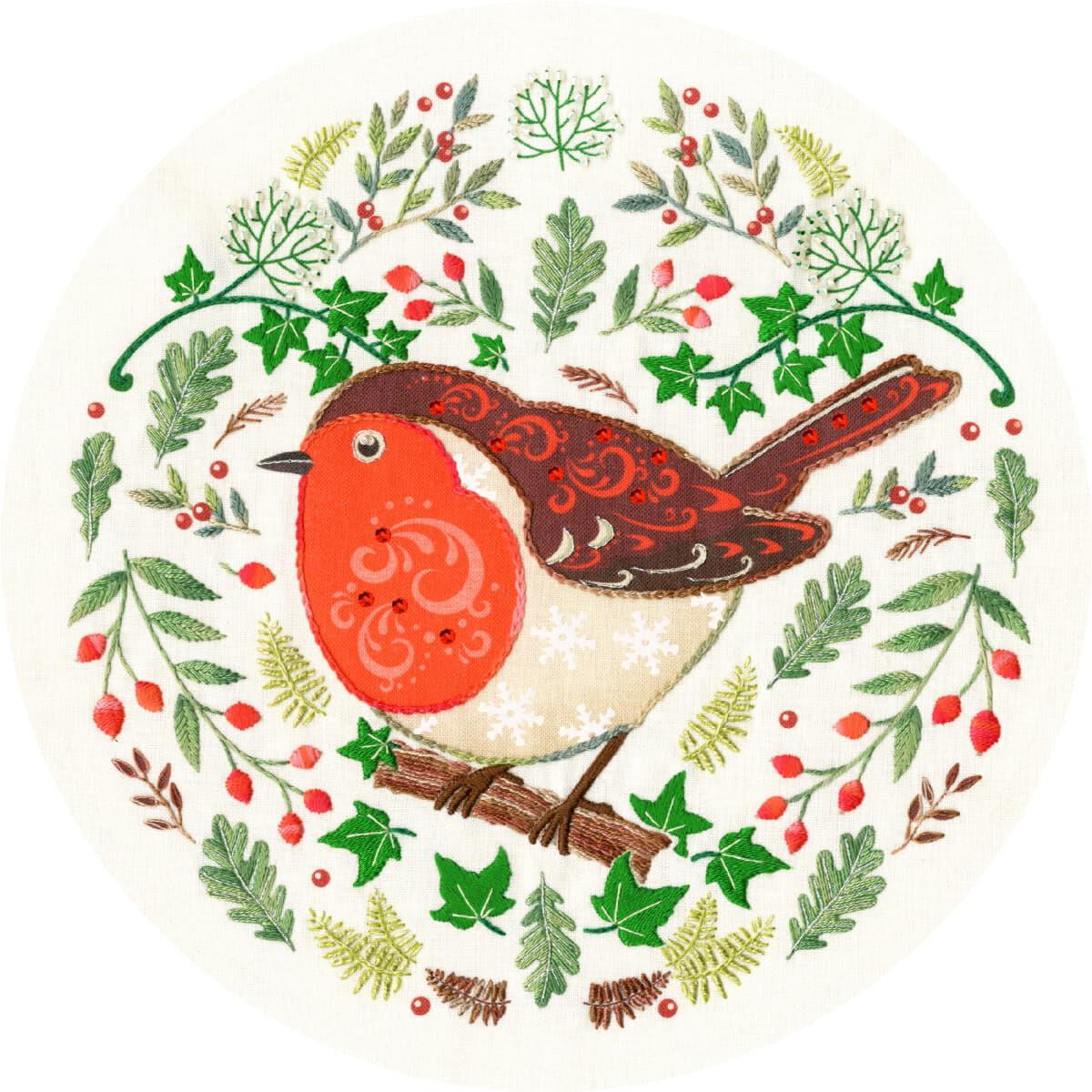 An embroidered robin with a red breast and detailed brown...