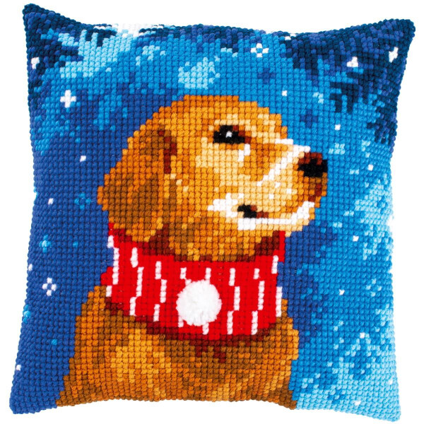 Vervaco stamped cross stitch kit cushion "Hund mit Schal", 40x40cm, DIY
