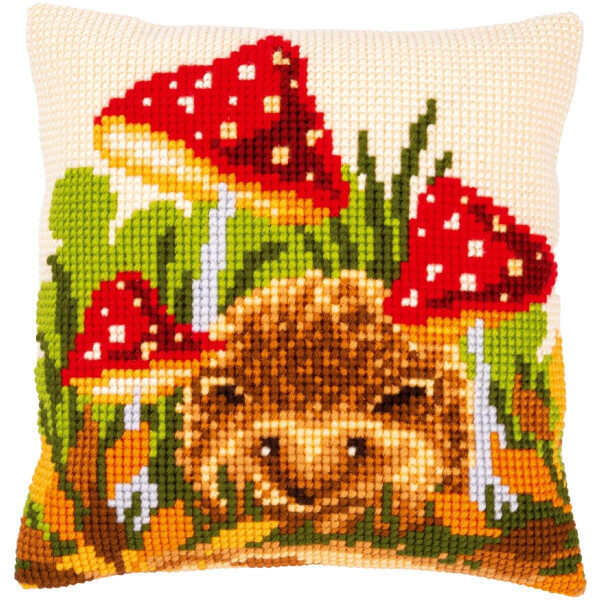 Vervaco stamped cross stitch kit cushion "Igel mit Pilzen", 40x40cm, DIY