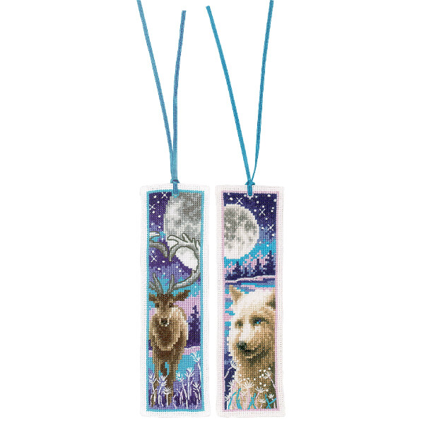 Vervaco bookmark counted cross stitch kit "Wolf and deer with moon" Set of 3, 6x20cm, DIY