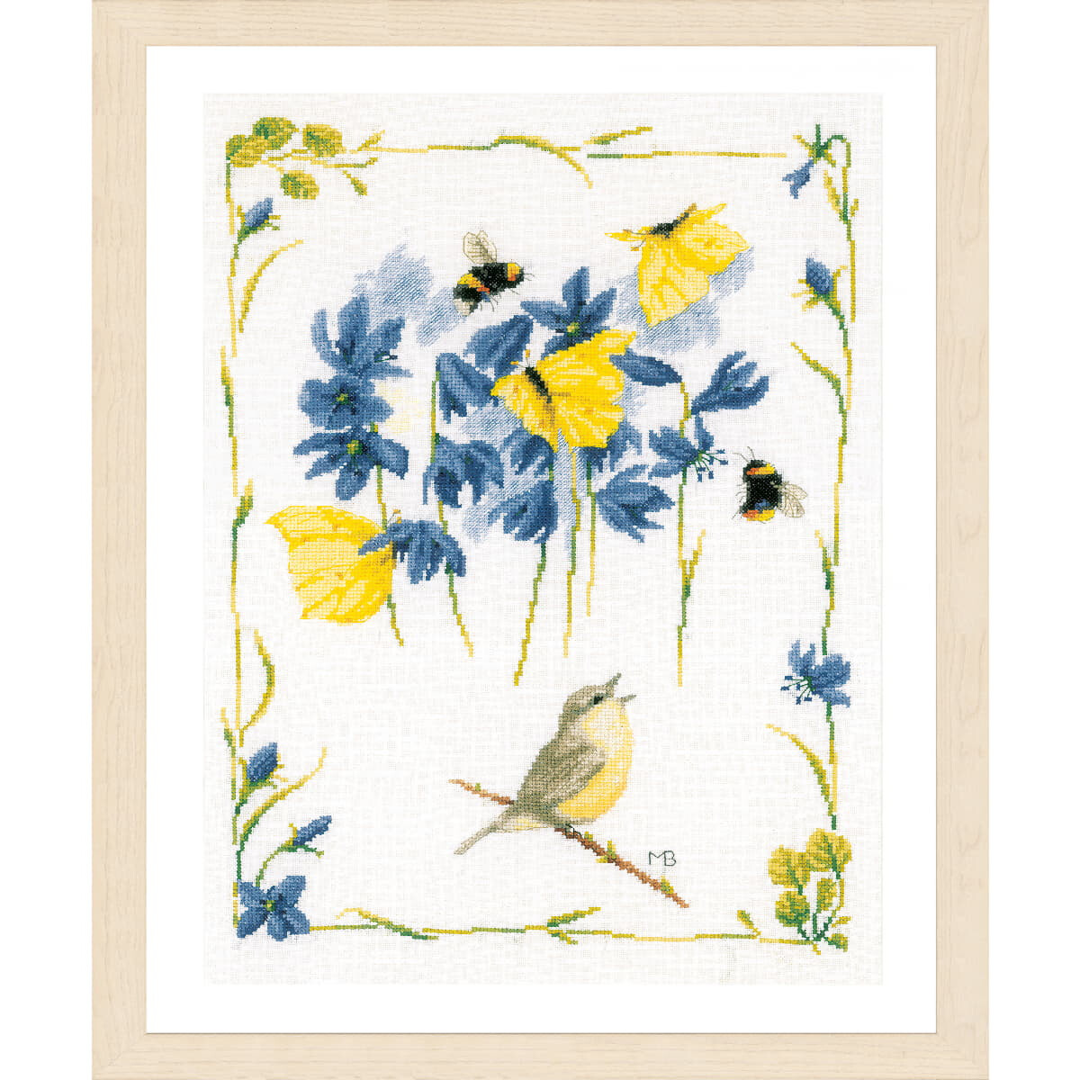 A framed Lanarte embroidery pack shows a bird sitting on...