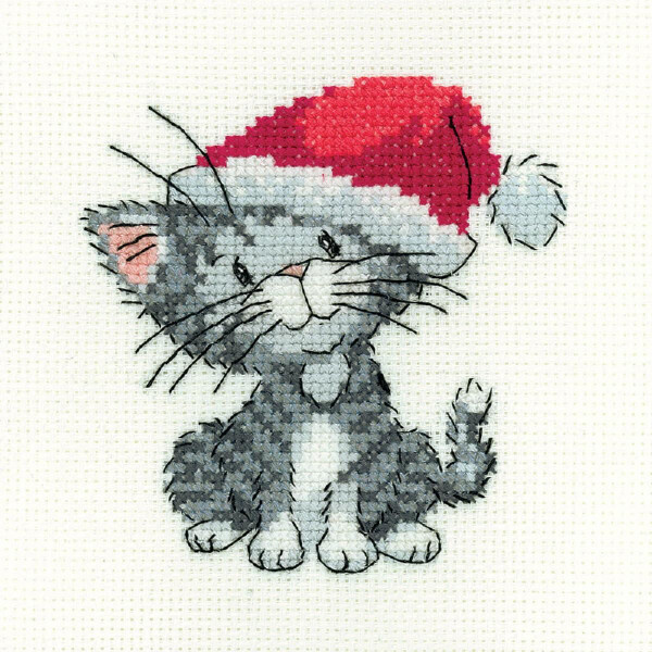 Heritage counted cross stitch kit Aida "Silver Tabby Christmas Kitten", SHST1657-A, 9x9,5cm, DIY