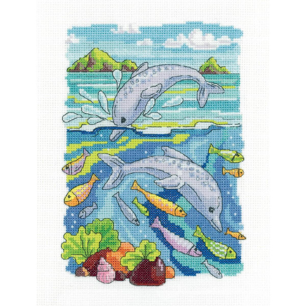 Heritage counted cross stitch kit Aida "Dolphins", KCDO1637-A, 14x20,5cm, DIY