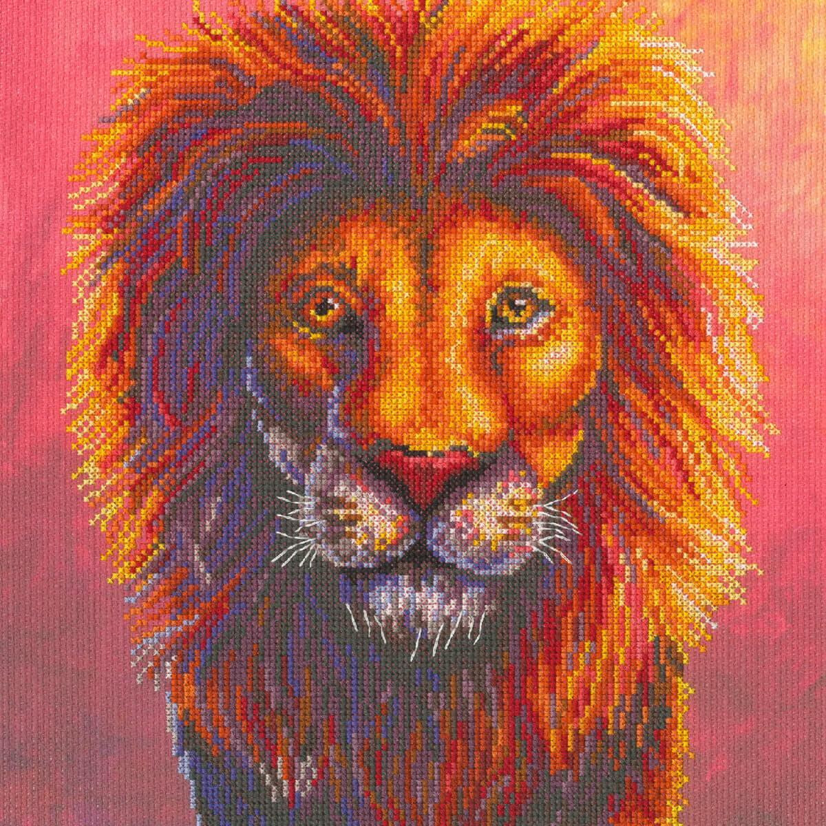 A vibrant mosaic artwork depicting the face of a lion,...