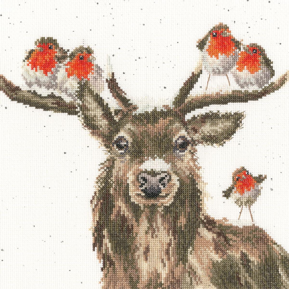 Cross-stitch embroidery picture of a stag with five...