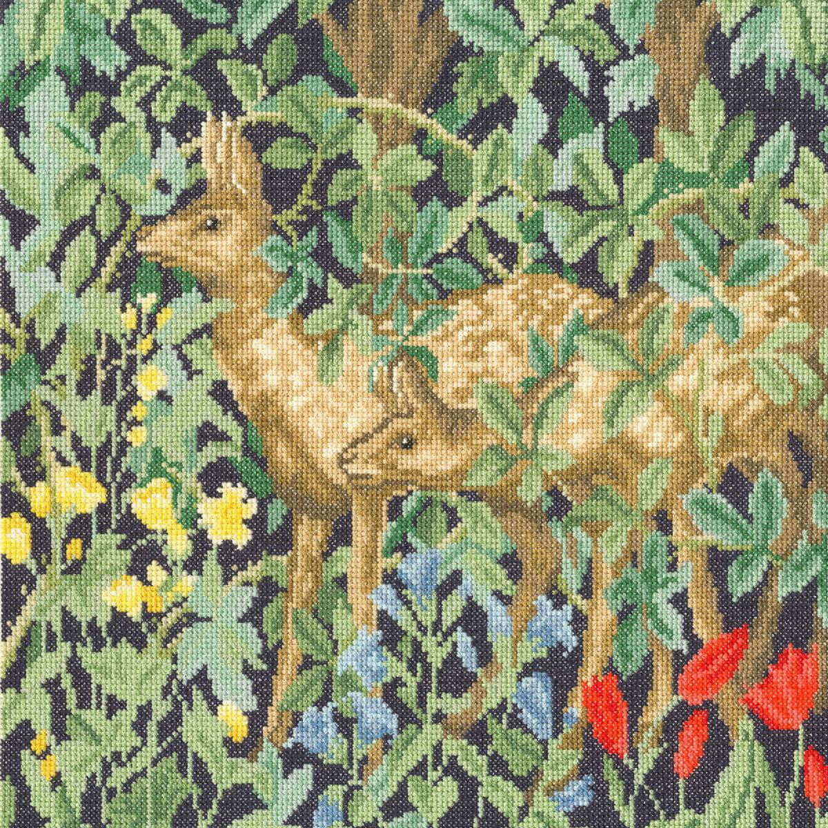 An intricate tapestry depicts two deer partially obscured...