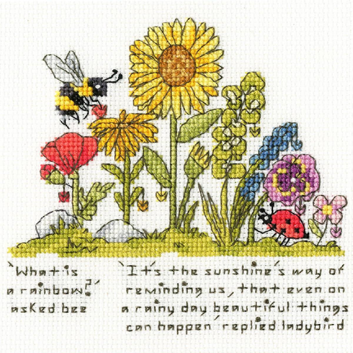 Embroidery of a garden scene with a bee next to a red...