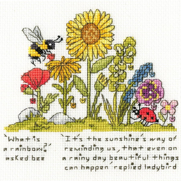 Embroidery of a garden scene with a bee next to a red flower, a large sunflower in the middle, various plants and a ladybug on the right. The caption reads: What is a rainbow? asked the bee. Its the sunshines way of reminding us that beautiful things can happen even on a rainy day, replied the ladybug. Perfect for any Bothy Threads embroidery pack fan!