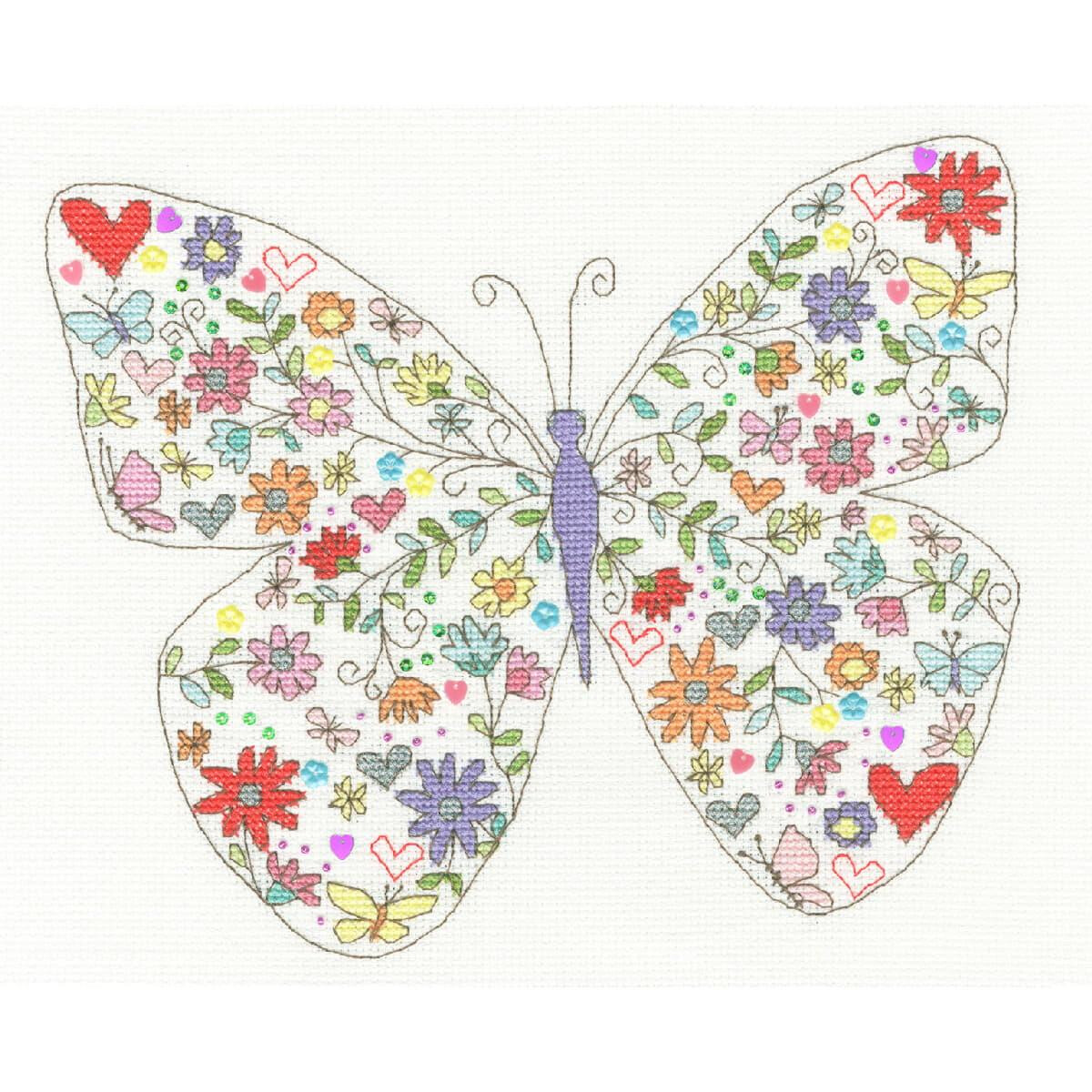 Gestickter Schmetterling mit bunten Blumen und Herzen,...