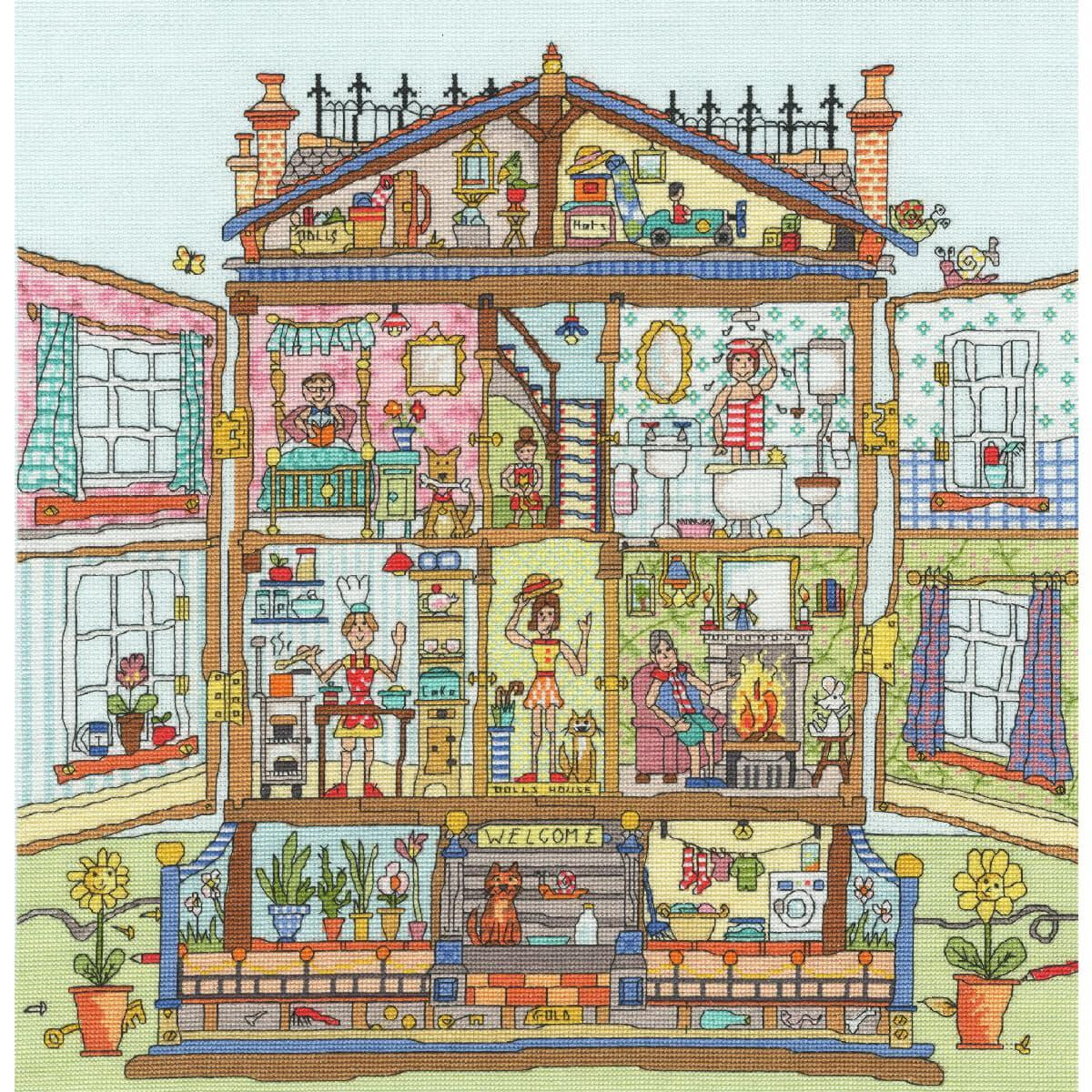 Illustratie van een poppenhuis met meerdere verdiepingen...