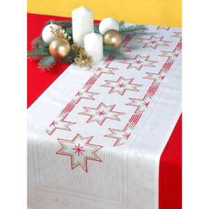 Table runner „Stars“ damask with embroidery field in Aida for cross stitch, 40x100cm, 663510, white