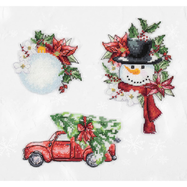 Ein Kreuzstichmuster mit drei Motiven: ein runder Blumenkranz, ein lächelnder Schneemann mit Zylinder und rotem Schal und ein roter Oldtimer-Truck mit einem geschmückten Weihnachtsbaum. Die festliche Stickpackung von Luca-s zeichnet sich durch leuchtende Farben und winterliche Feiertagsmotive aus.