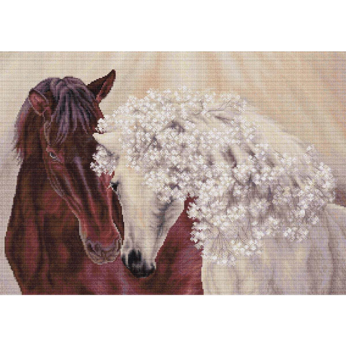An artistic depiction of two horses, one brown and one...