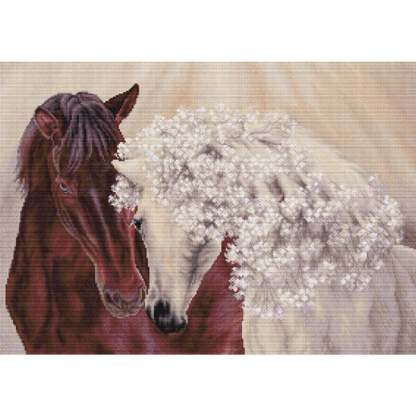 Eine künstlerische Darstellung von zwei Pferden, eines braun und eines weiß, die eng beieinander stehen und deren Köpfe sich berühren. Die Mähne des weißen Pferdes ist mit zarten weißen Blumen geschmückt, die eine sanfte und zarte Szene erzeugen. Diese Luca-s Stickpackung erwacht vor einem Hintergrund in neutralen Tönen zum Leben.