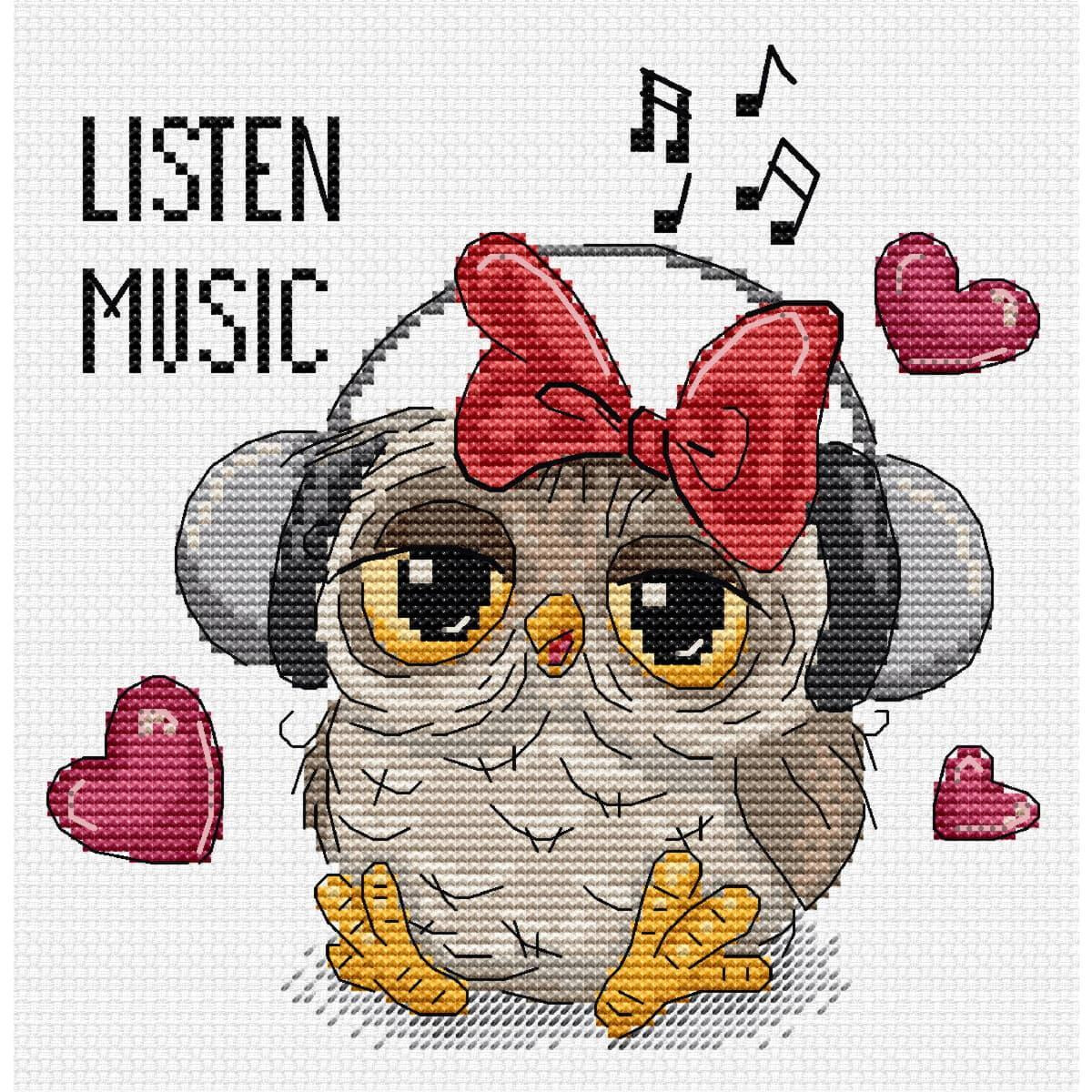 A cute cross-stitch illustration of an owl with big eyes,...