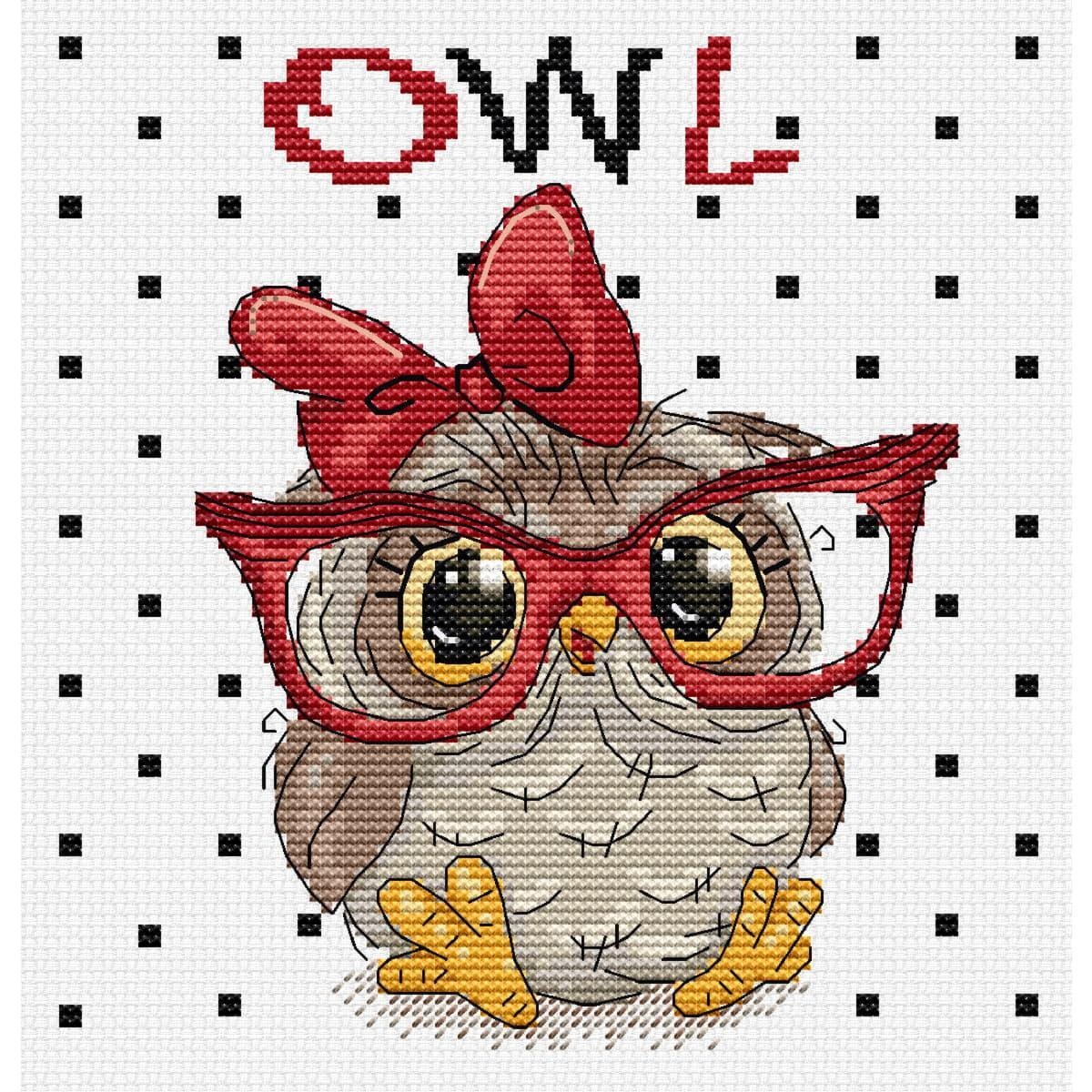 A cute cartoon-style owl with large, expressive eyes...